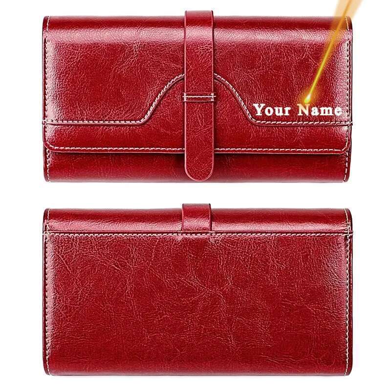 Women Genuine Leather Long Personalized Gift for Her Engraving Name Card Holder Wallet Phone Bag Coin Pocket Zipper Purse