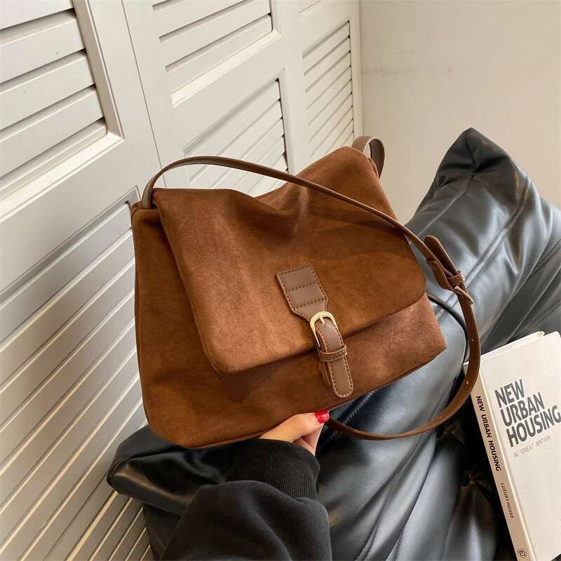 Vintage Brown Suede Soft PU Leather Women Shoulder Bags Large Capacity Crossbody Tote Bag High Quality Fashion Hobo Handbags