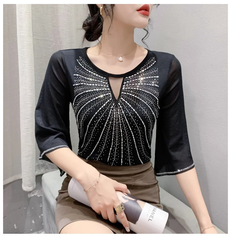 Spring Summer Mesh Tops Korean Fashion Diamond T Shirt Slim 34 Sleeve Hollow Out Casual Women 250513