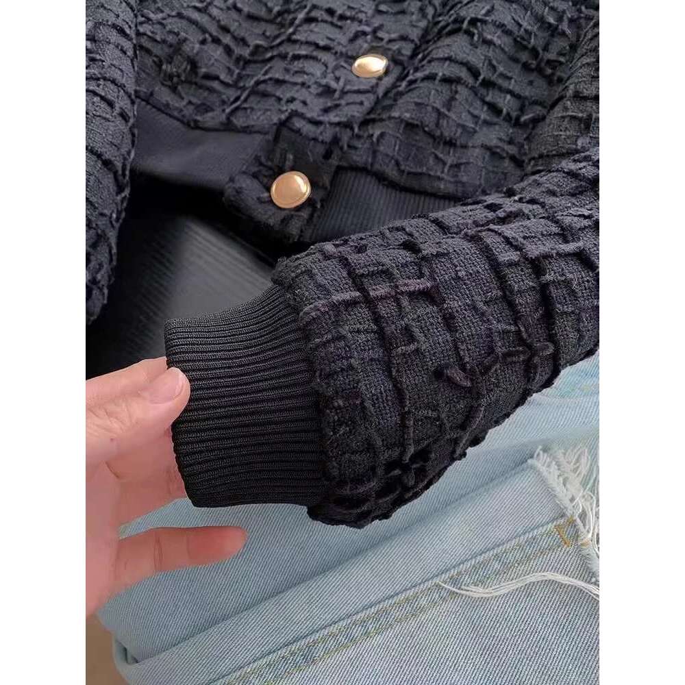 Woman's Textured Short Crew Neck Long Sleeves Cropped Bomber Jacket Coat Single-breasted New Female Chic Outerwear