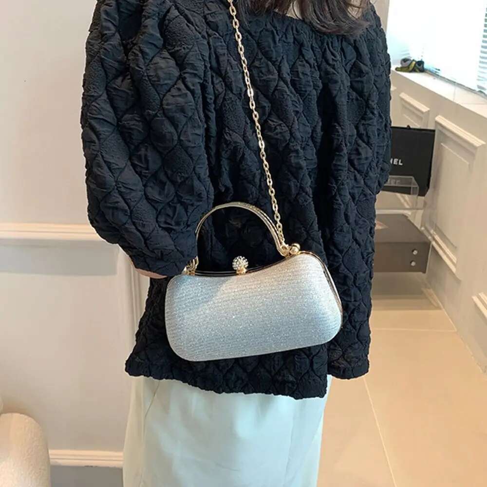 Gold Bright Silk Circular Evening Bag Women Banquet Clutch Rhinestone Decor Chain Shoulder Bags Female Party Handbags