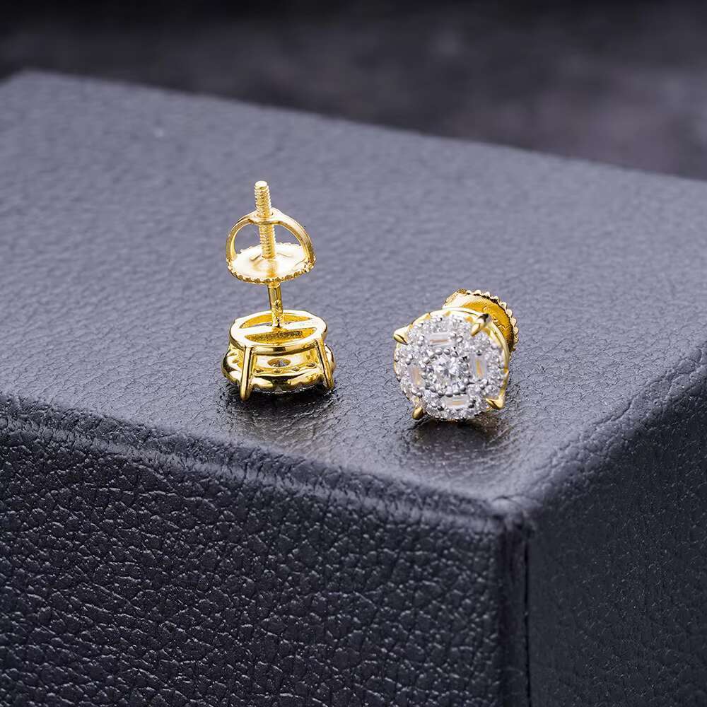 Hip Hop Custom Jewelry 8mm Iced Out Cubic Zircon Gold Plated 925 Sterling Silver Baguette Round Stud Earrings