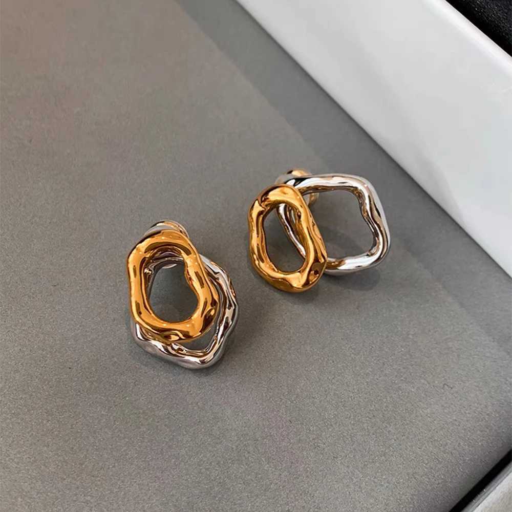 Geometric Stainless Steel Gold Sliver Color Bilayer Stud Earring for Women Irregular Metal Texture Fashion Jewelry Gift Y250510