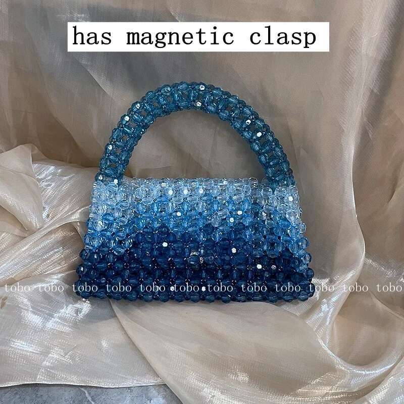 Gradient Blue Beaded Own Design Tote Bags Women Customized Color Fashion Handbags For 2022 Chain Handle Clutch Evening Bag