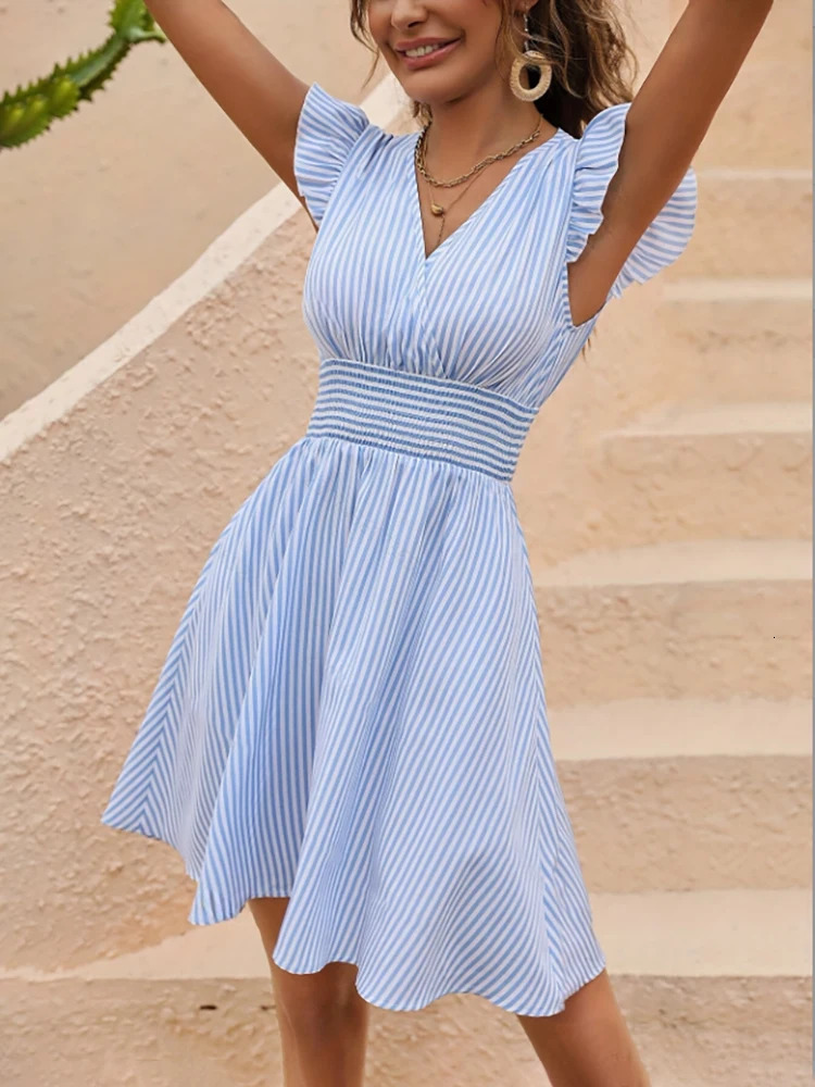 Elegant Summer Womens Dress VNeck Fashionable Casual Blue Striped Beach Vacation Comfortable Sexy Ladys Temperament 250513