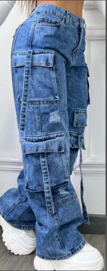 Foreign goods 2024 new fashionable solid color versatile plus size high waist multi pocket casual workwear denim pants for women 240924