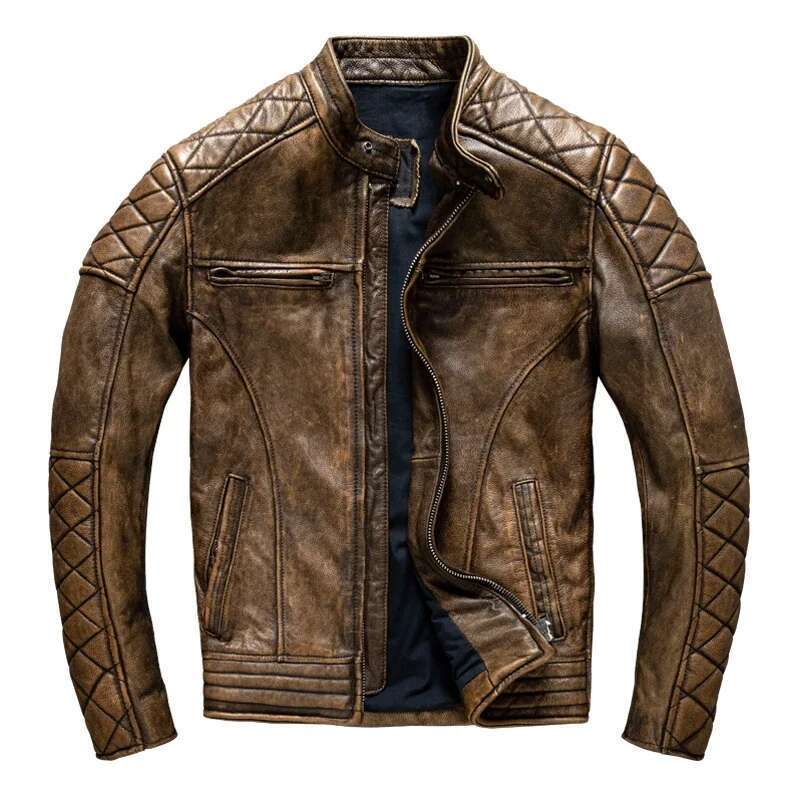 Vintage Leather Yellow Brown Thick 100% Genuine Cowhide Biker Jacket Slim Fit Men Motorcycle Coat Spring ASIAN SIZE
