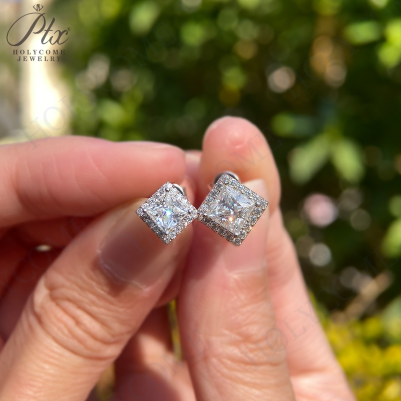 Fashion Moissanite Earrings Luxury S925 Silver D VVS Pass Diamond Tester 1 Carat Princess Cut Halo Studs Women Bridal Jewelry