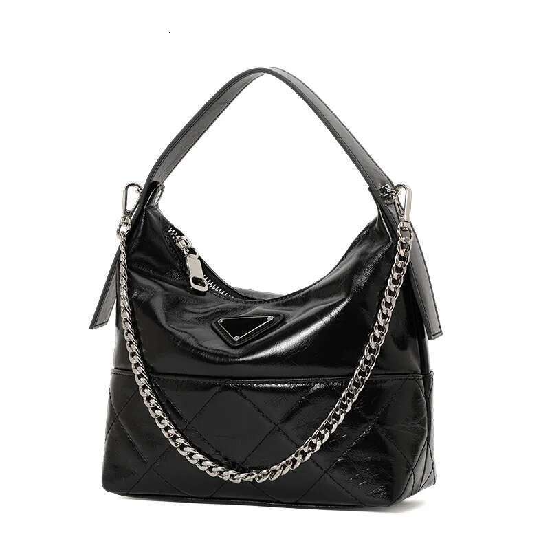 Aidrani Leather cowhide crescent metal chain bright plaid 2024 new fashion temperament ladies portable shoulder bag