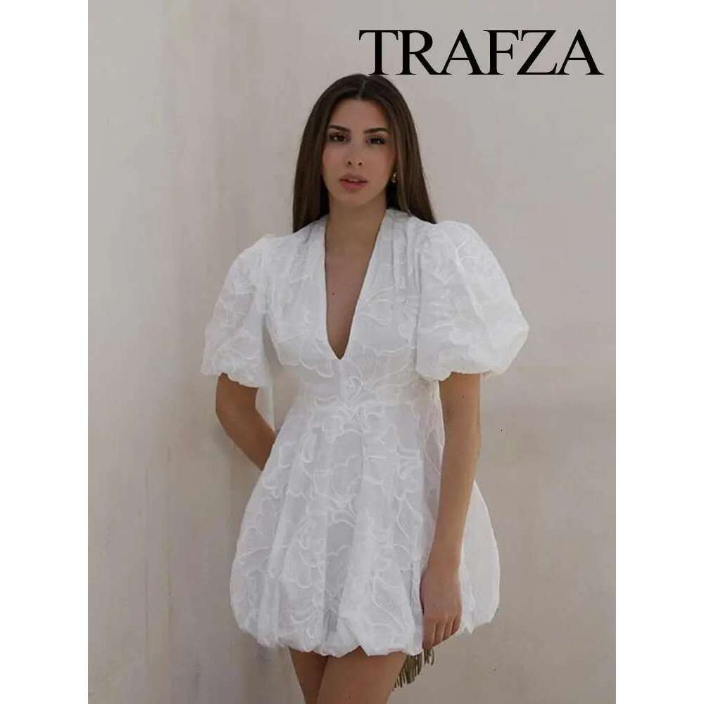 TRAFZA Elegant Women's Chic V-Neck Pleated Mini Summer Solid Color Embroidery Printed Short Sleeve Dress for Women