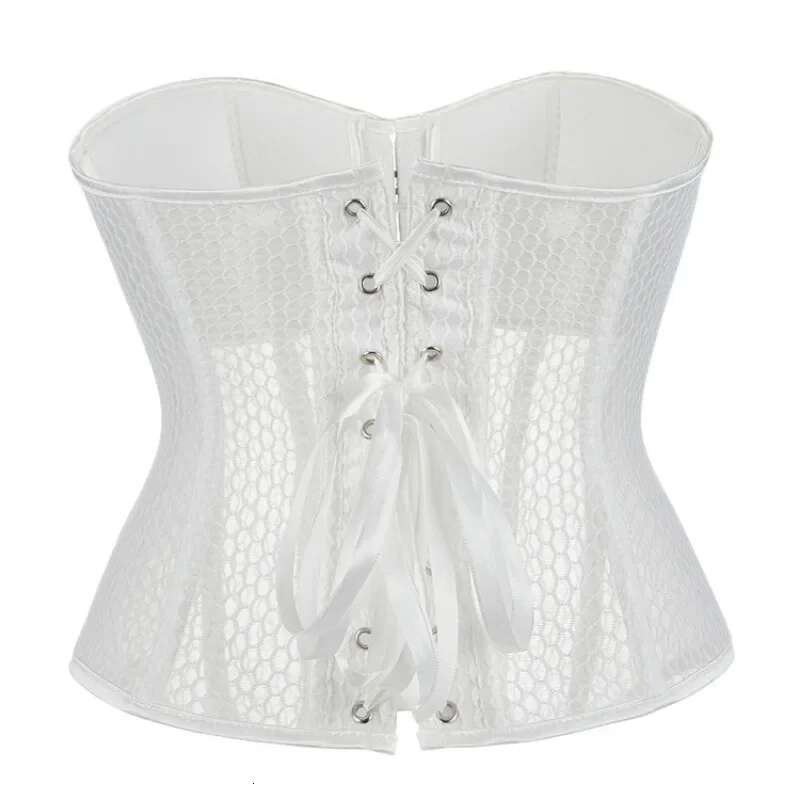 Women Lace Up Sexy Transparent Mesh Boned Corset Overbust Bustier Lingerie Bodyshaper Corsets Top