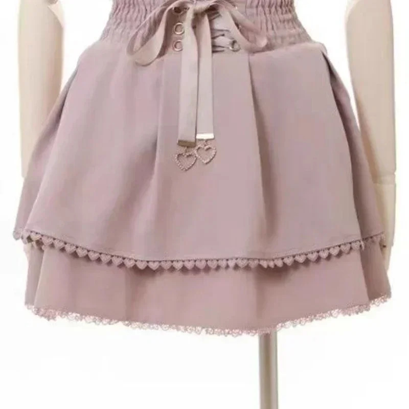 Japanese Kawaii Mini Cake Skirts Womens Jupe Fairy Bandage Lolita High Waist Y2k Aesthetic Sweet Lace Gothic JK Faldas Skirt 250513
