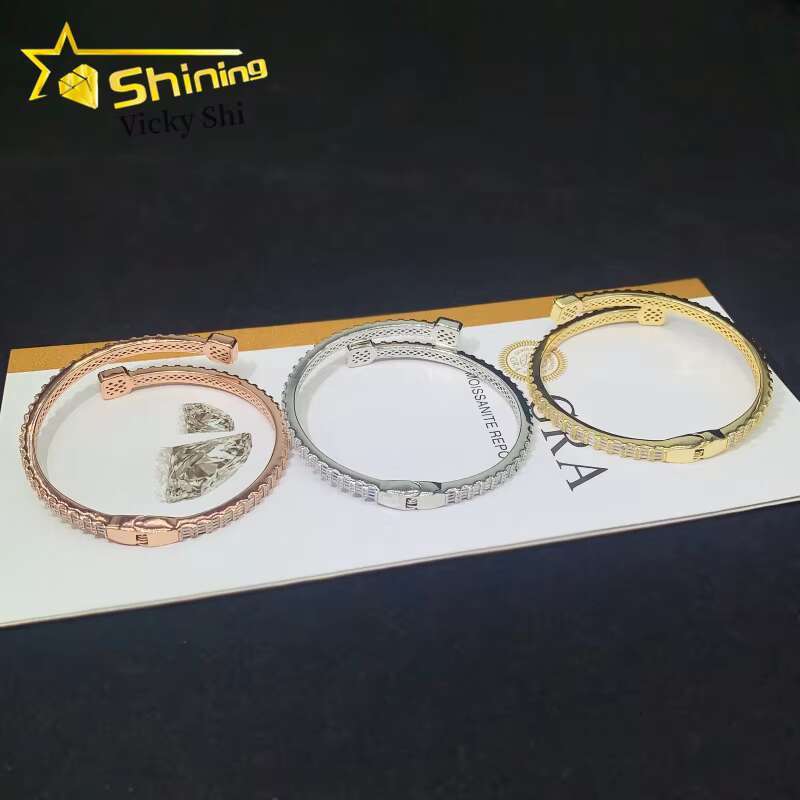 Worldwide Shipping Fine Jewelry S925 Silver Gold Plated VVS Baguette Moissanite Diamond Bangle Bracelet GRA Certificated