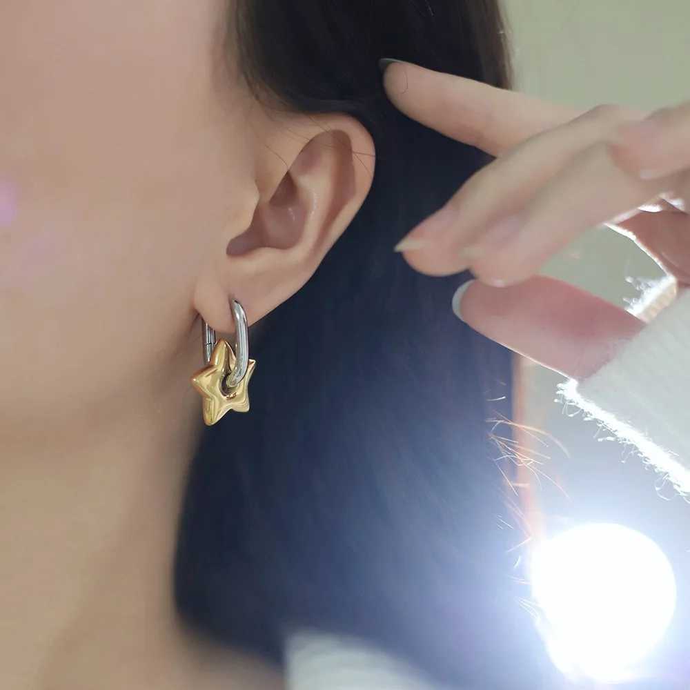 Lucky Star French contrasting stainless steel oval shaped five pointed star earrings long-lasting color Y250510
