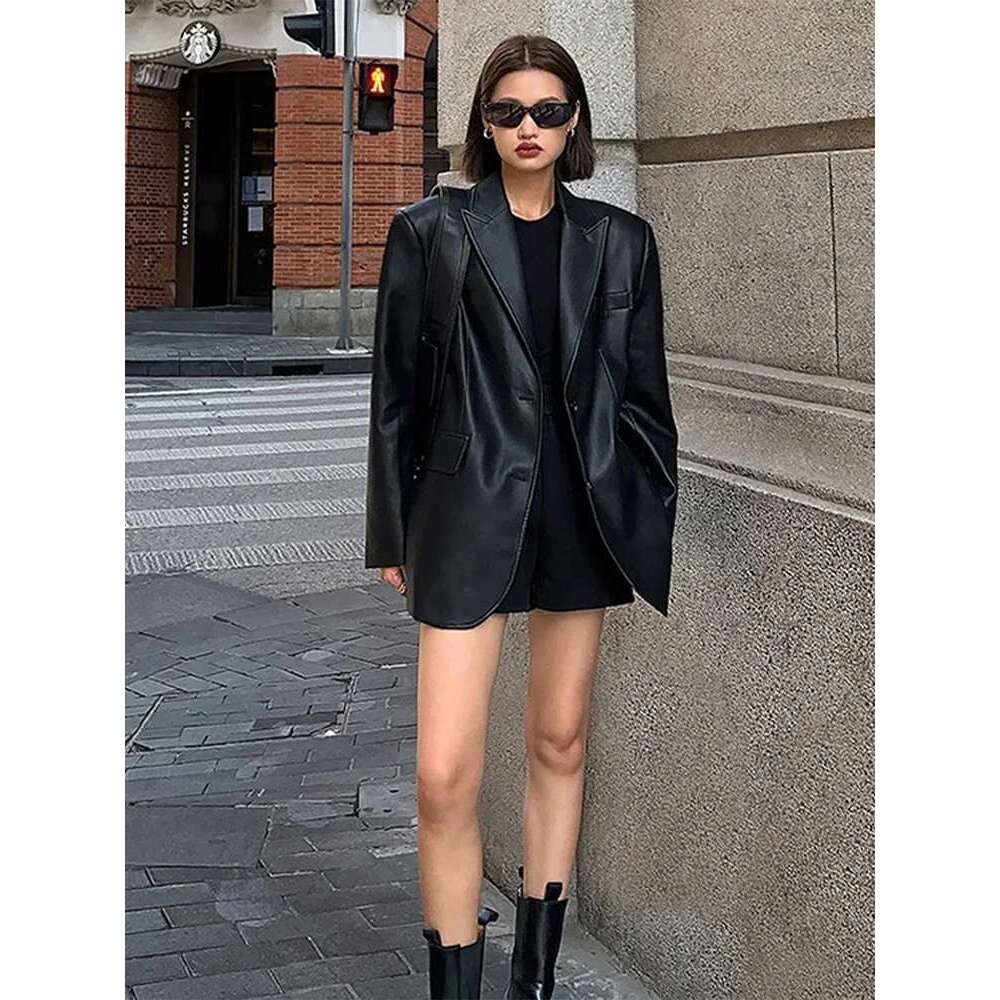 PU Leather Suit Jacket Coat Brown Woman Texture Vintage Street Trends Motorcycle Jackets Loose Casual Thickened Overcoat Top