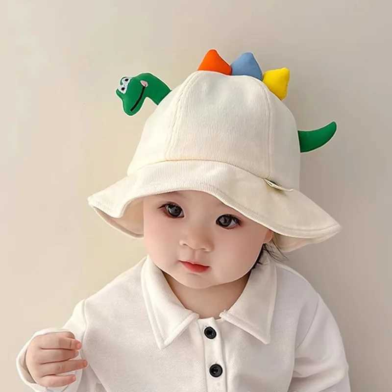 Cute Dinosaur Baby Bucket Hat Cartoon Kids Fisherman Cap 1-4year Boys Girls Solid Cotton Outdoor Sun Visors Children Basin Caps R250512
