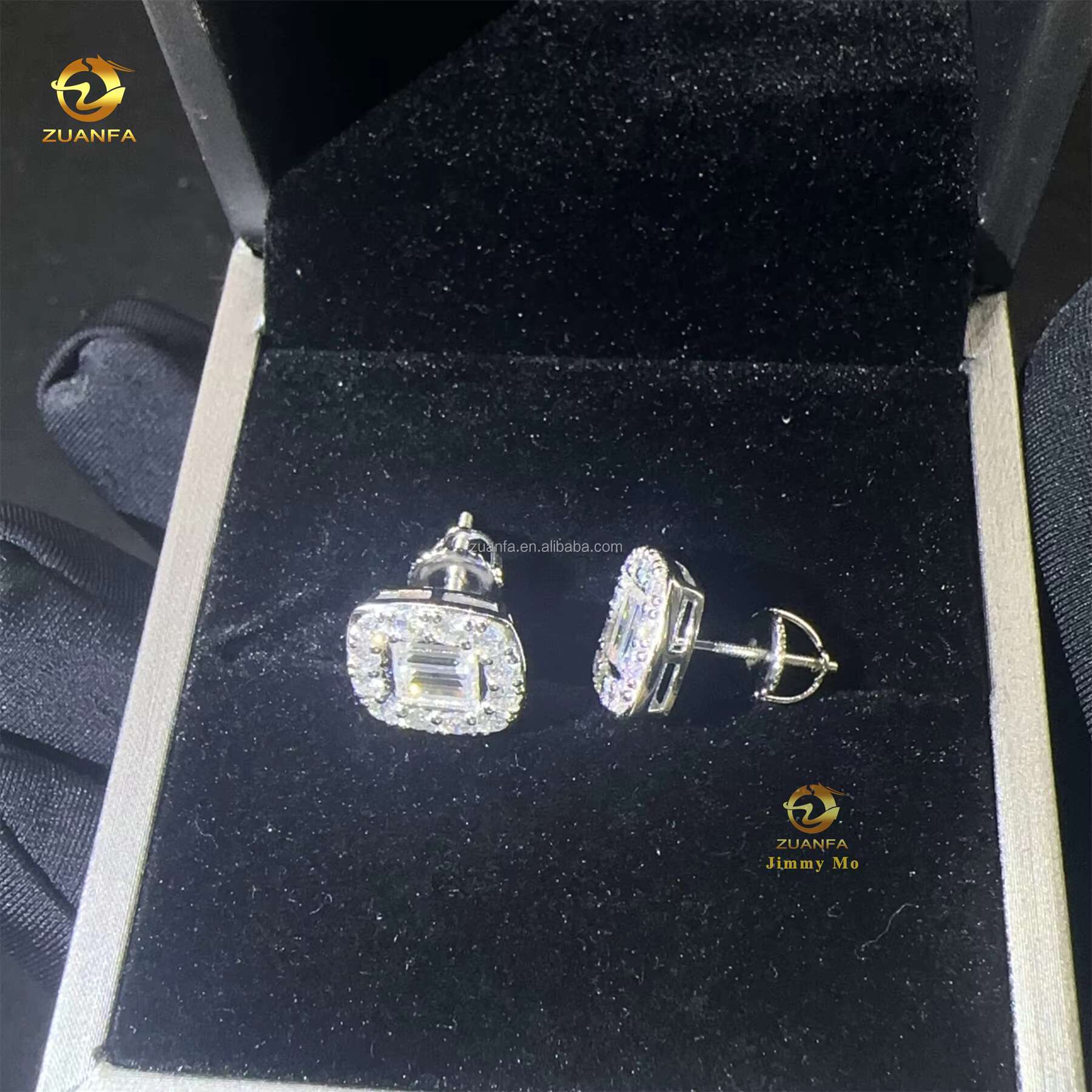 New Arrivals Bulk Stock Iced Out Man Stud Earrings Baguette Moissanite Diamond Screw Back Setting Hip Hop Stud Earring 925