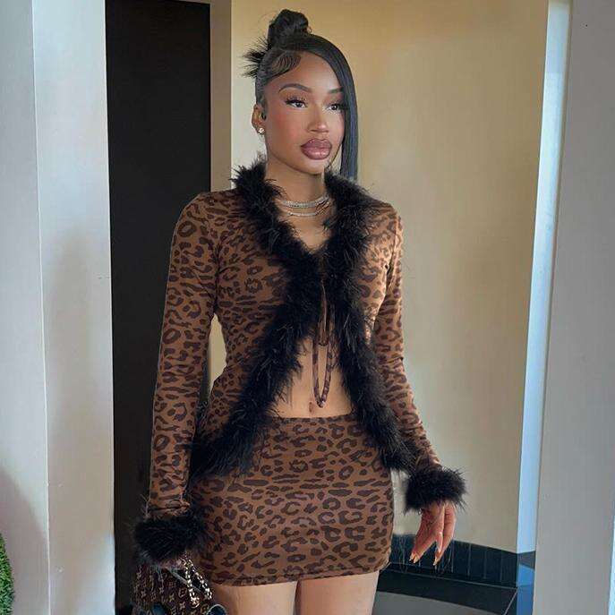 Fashionable And Sexy New Product, Fur Patchwork Lace Up Cardigan, Long Sleeved Top, Leopard Print Skirt Set, Two-Piece Set B5