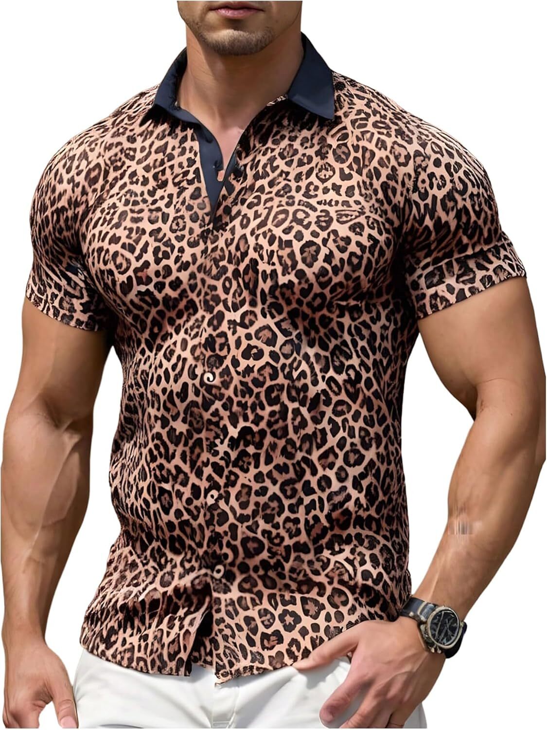 Mens Polo shirt Men's Cheetah Print Tops Button Down Shirt Collared Short Sleeve Club Tops Polos shirts tshirt Casual tops summer clothes