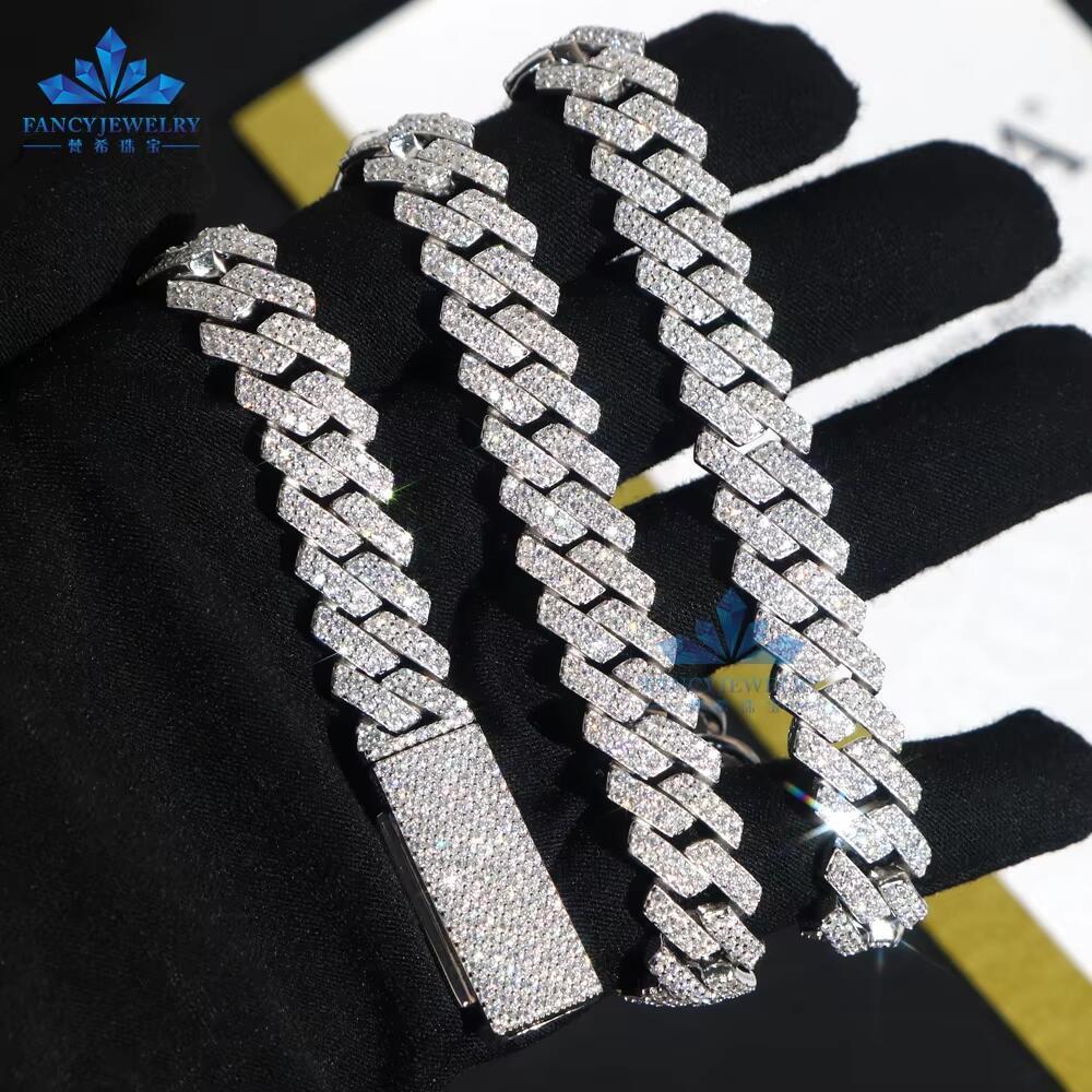 12 mm Hip Hop Rapper Jewelry 2 Rows Iced Out High Quality Miami Cuban Link Chain Vvs Moissanite Sier for Men Necklace