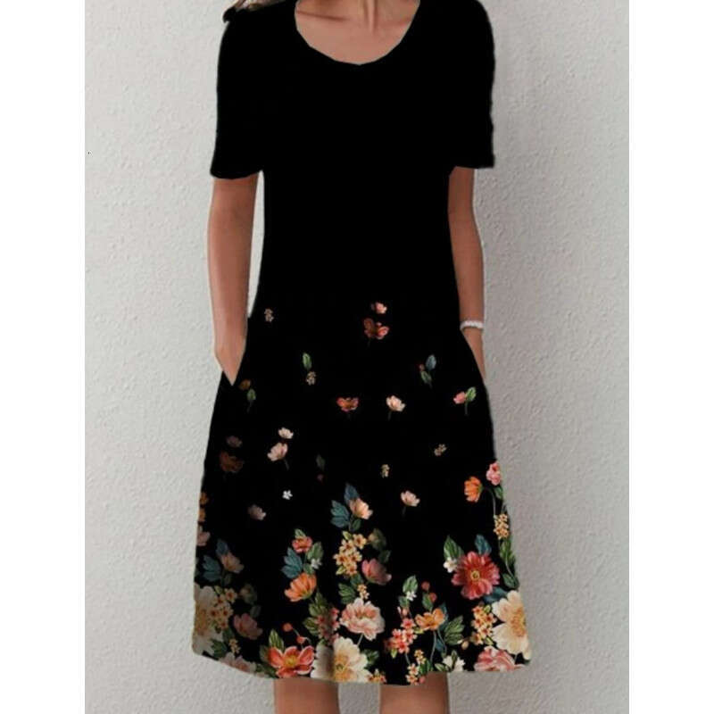 Women Clothes Dress Spring Summer Flower Printed Round Neck Pocket Mid Length Dress For Women KQ