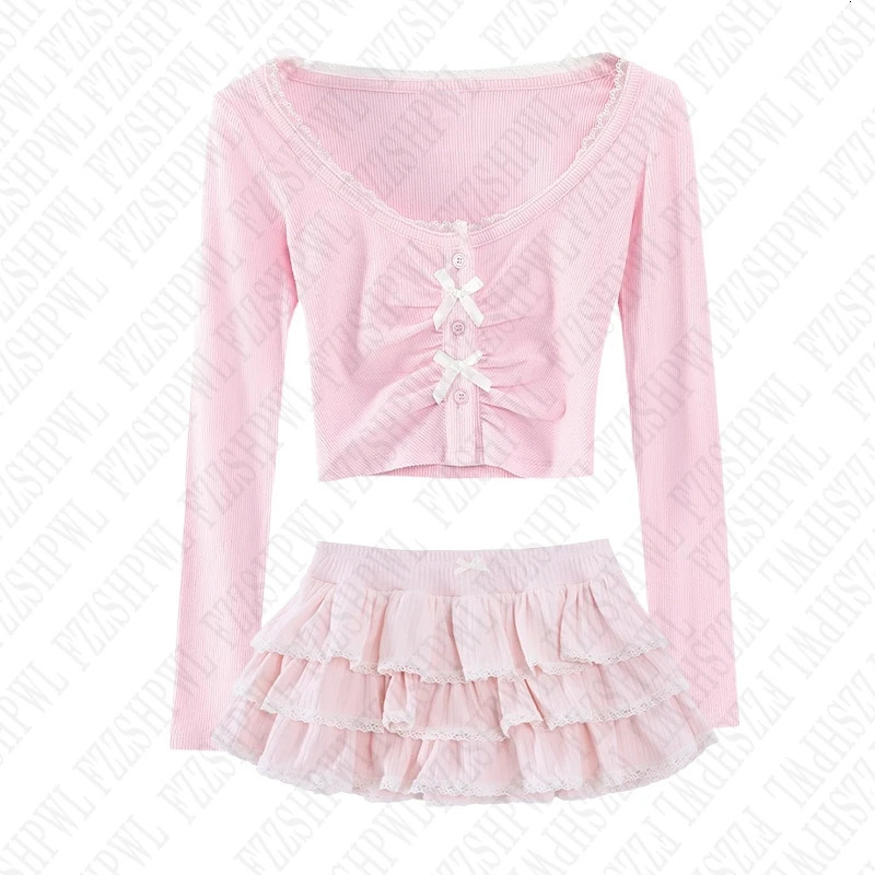Sweet Pink suit Aesthetic Cute Bow Sexy lace Long Sleeve Crop Tops Harajuku Emo Girls Y2K Mini Skirt Fashion womens Streetwear 250513
