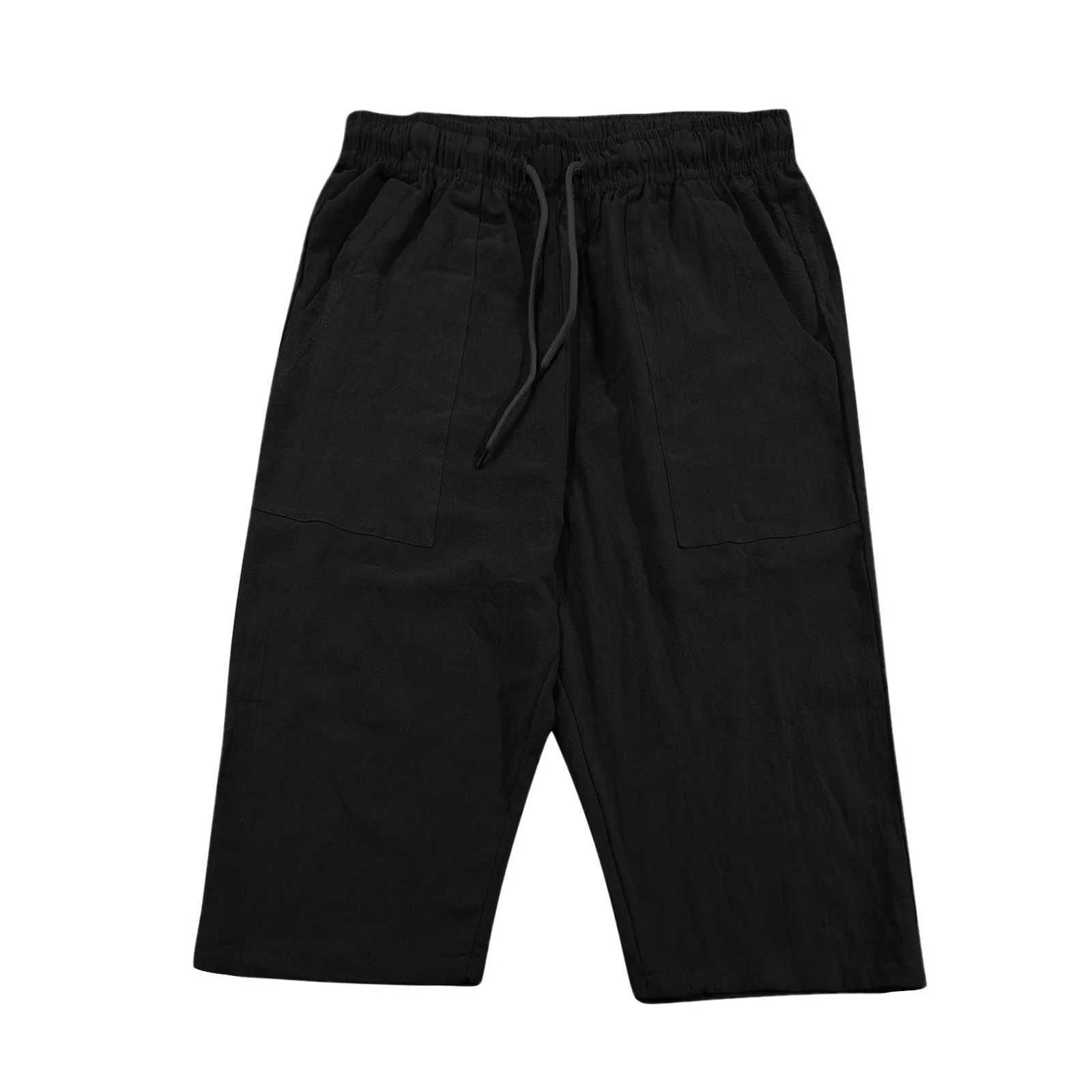 Mens Cropped Pants Drawstring Pocket Sweatpants Sport Jogging Casual Long Pants Beach Breathable Capri Trousers Z250513