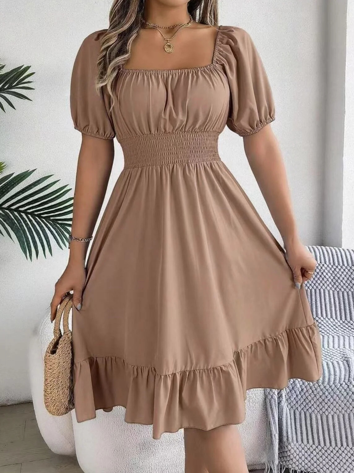 European and American spring summer casual square neck short sleeve gathering waist lotus leaf edge temperament dress 250513