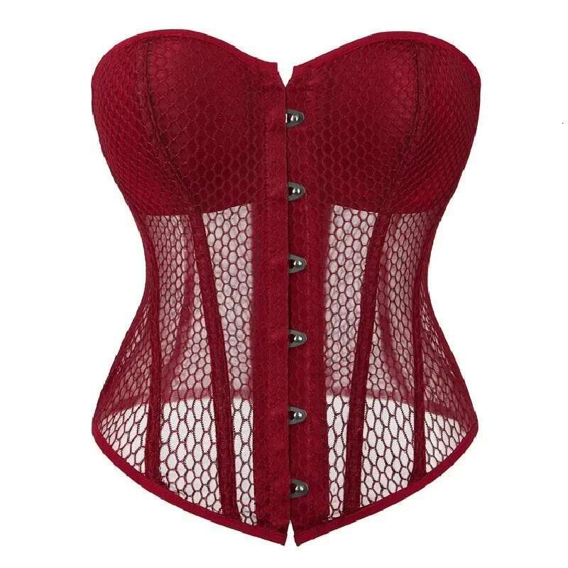 Women Lace Up Sexy Transparent Mesh Boned Corset Overbust Bustier Lingerie Bodyshaper Corsets Top