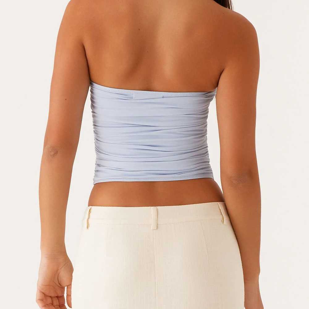 Womens y2k Vintage Ruched Tube Tops Summer Sexy Strapless Solid Metal Clip Front Bandeau Cropped Tops Slim Fit Tanks Shirt M250513