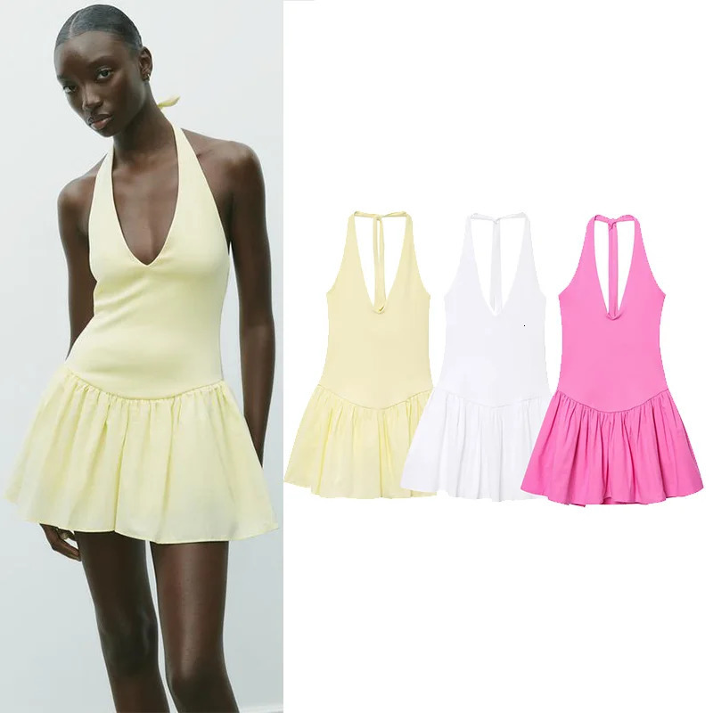 TRAF Halter Short Dress for Women Summer Sexy Backless Patchwork Pleated Womens Dresses Female Chic 250513