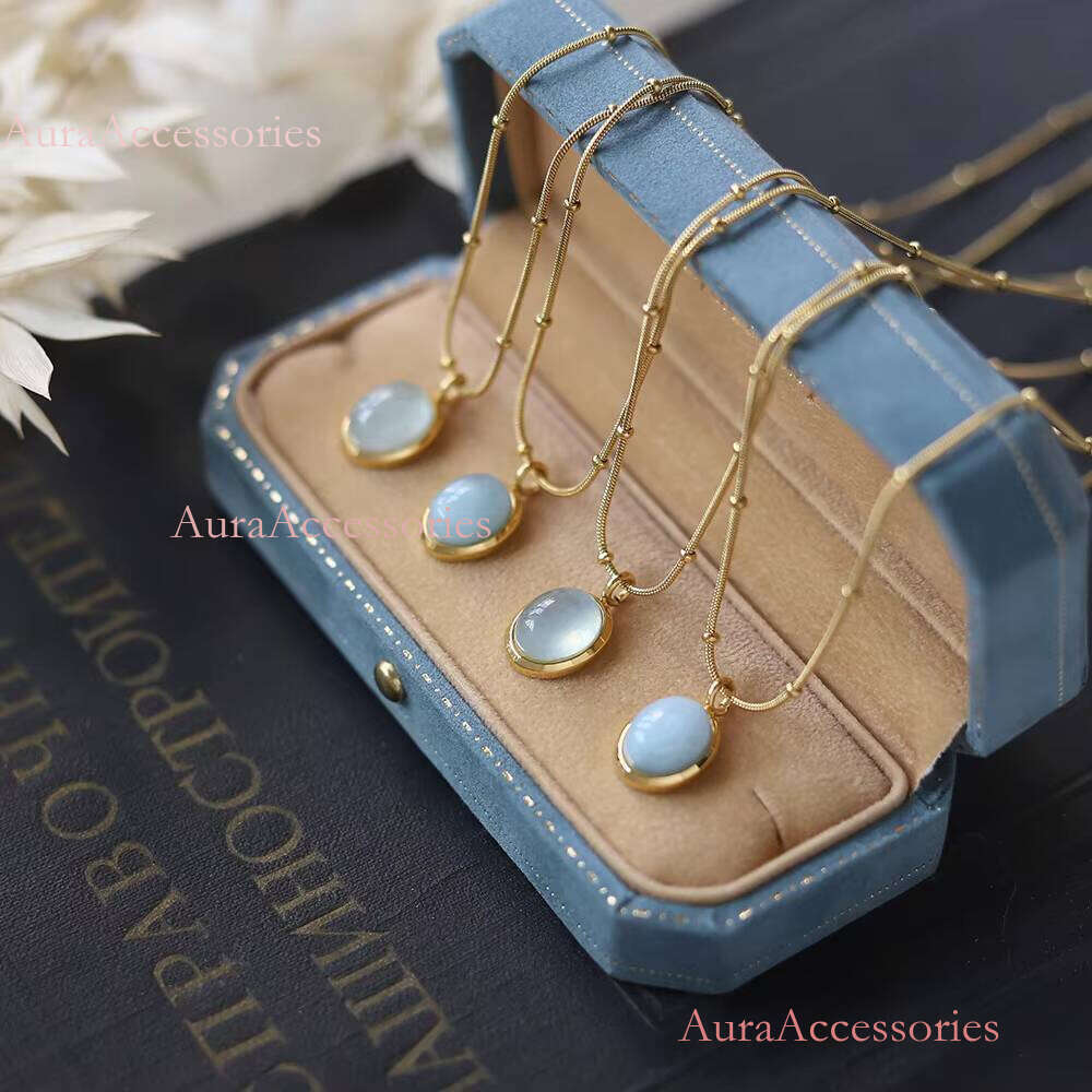 Oval Sky Blue Opal Titanium Steel Necklace Clear Stone Gold Plated Necklaces Women French Vintage Jewelry