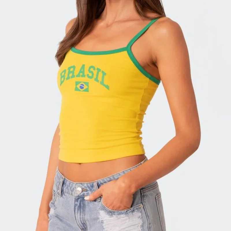 Y2k Aesthetic Brasil Graphics Yellow Camisole Vintage Gothic Clothes Punk Grunge Women Corset Tank Top Baby Tee Crop Top E-girls M250513
