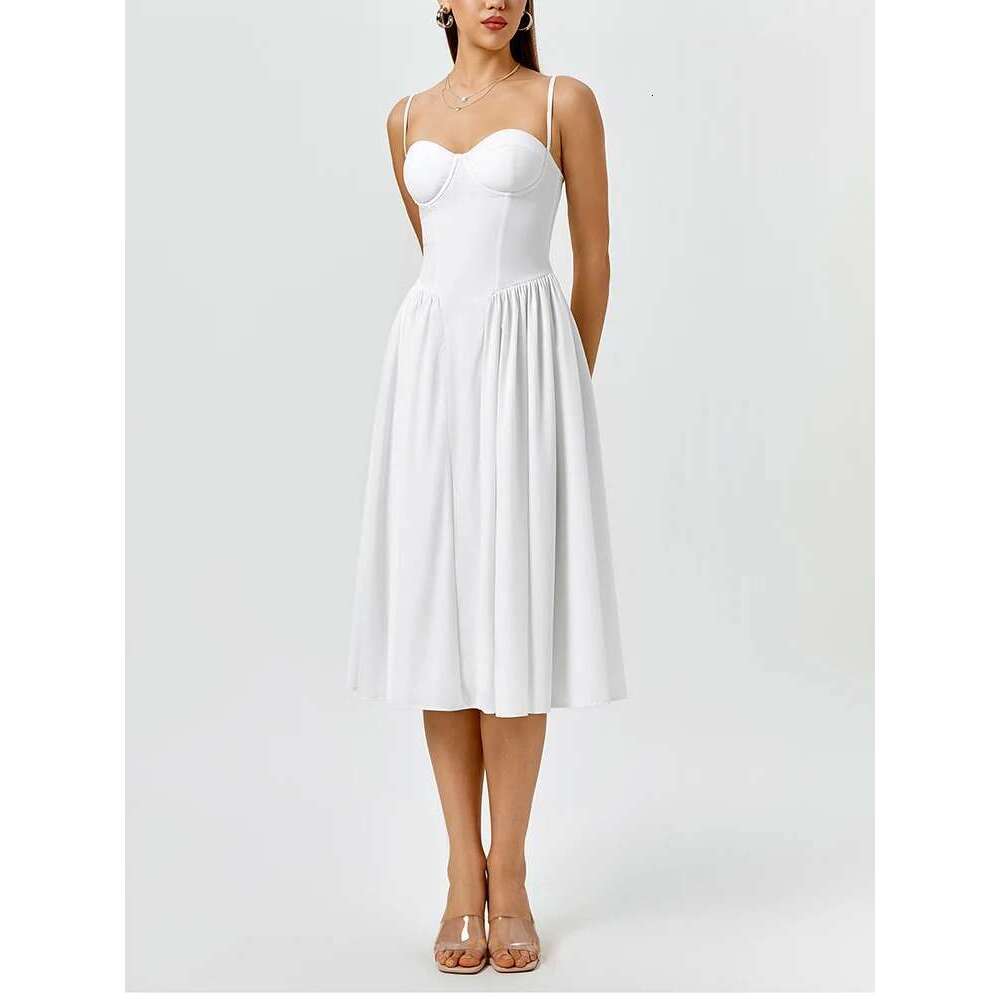 NewAsia Women's Adjustable Straps Backless Midi Corset Dress Flowy Fishbone A-Line Going Out Casual Long Dresses White