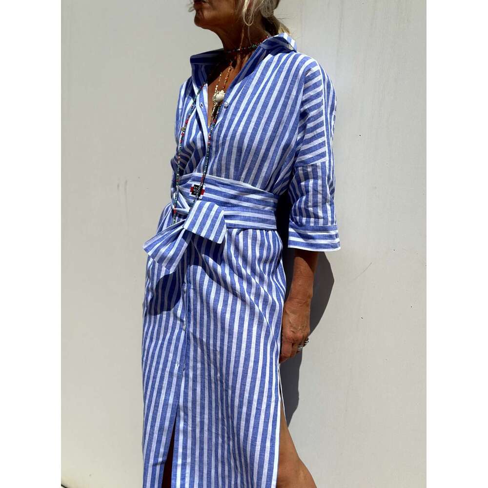 European American women's five quarter sleeve striped cardigan, lapel shirt dress 8061, 2025 new style, chic and elegant clothing