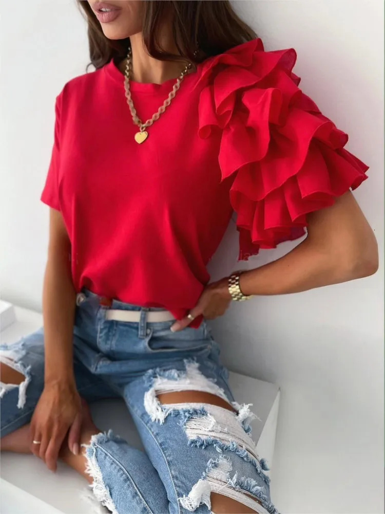 Summer Simple Fashion Womens Tshirt Ruffled Shortsleeved O Neck Elegant Casual Top T Shirts Tshirts Women Clothes 250513