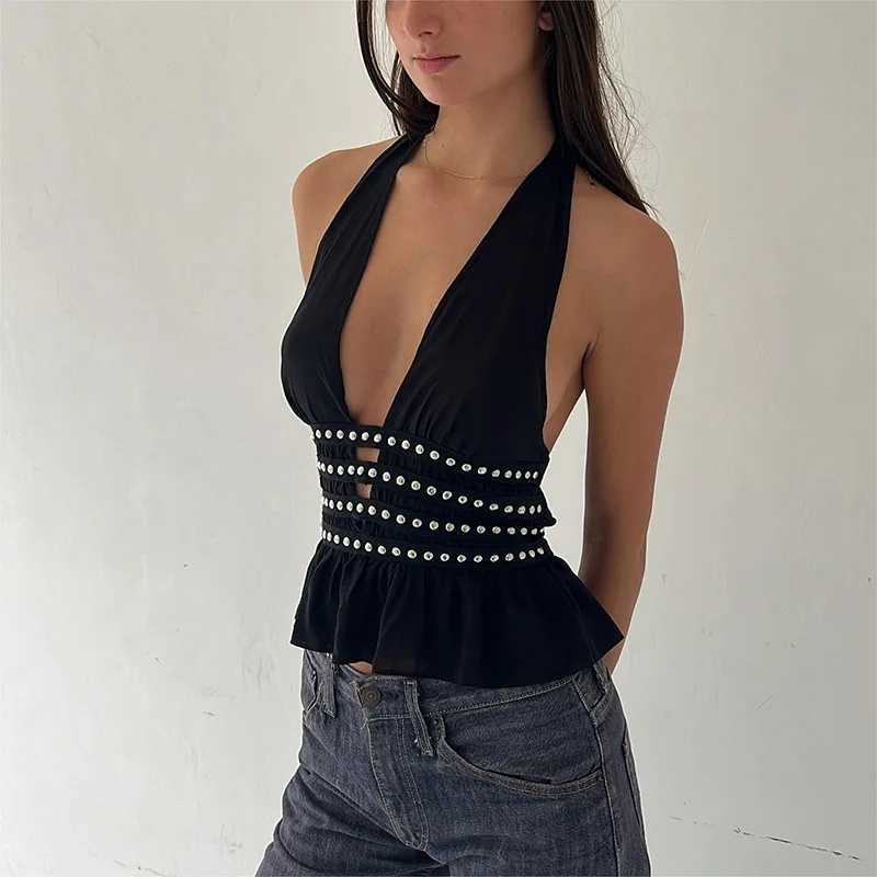 Womens Studded Halter Neck Tops Summer Deep V-Neck Backless Shirts Vest for Streetwear Aesthetic Grunge Clothes M250513