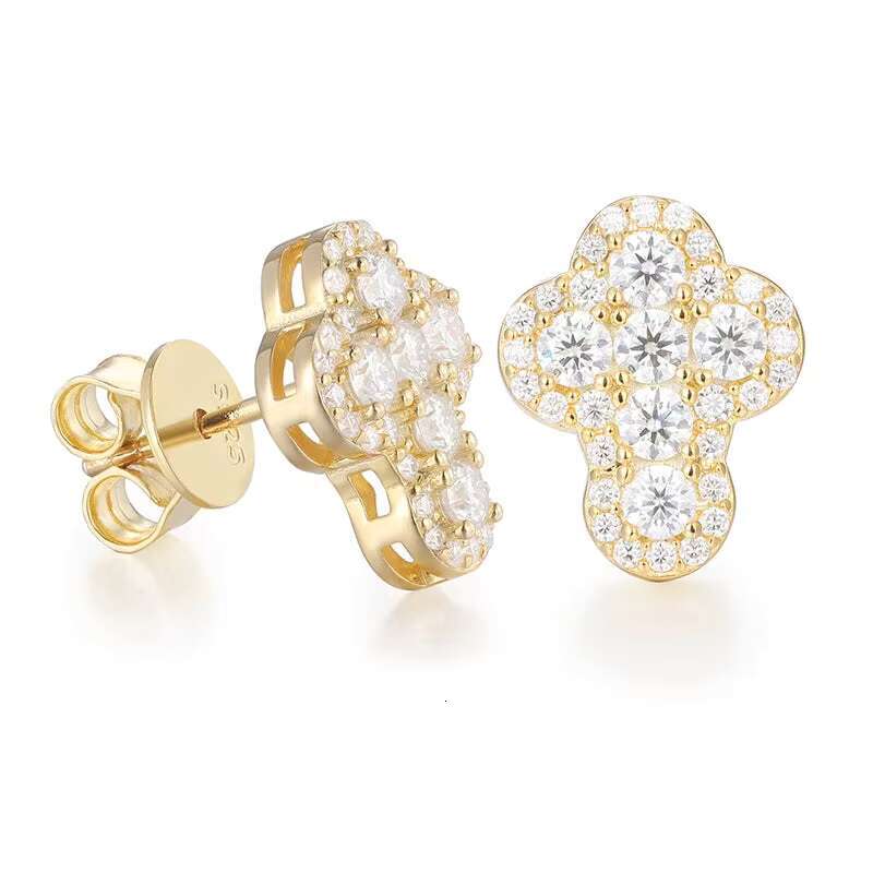 Stylish Gold VVS Moissanite Diamond Cross Stud Earrings with 18K Gold Plating for Anniversary Fine Hip Hop Jewel