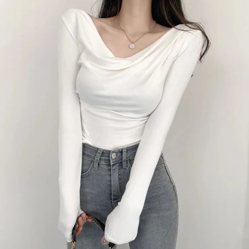 V Neck Long Sleeve TShirt Women Summer Slim Casual Top Winter Solid Bottom Shirts Korean 250513