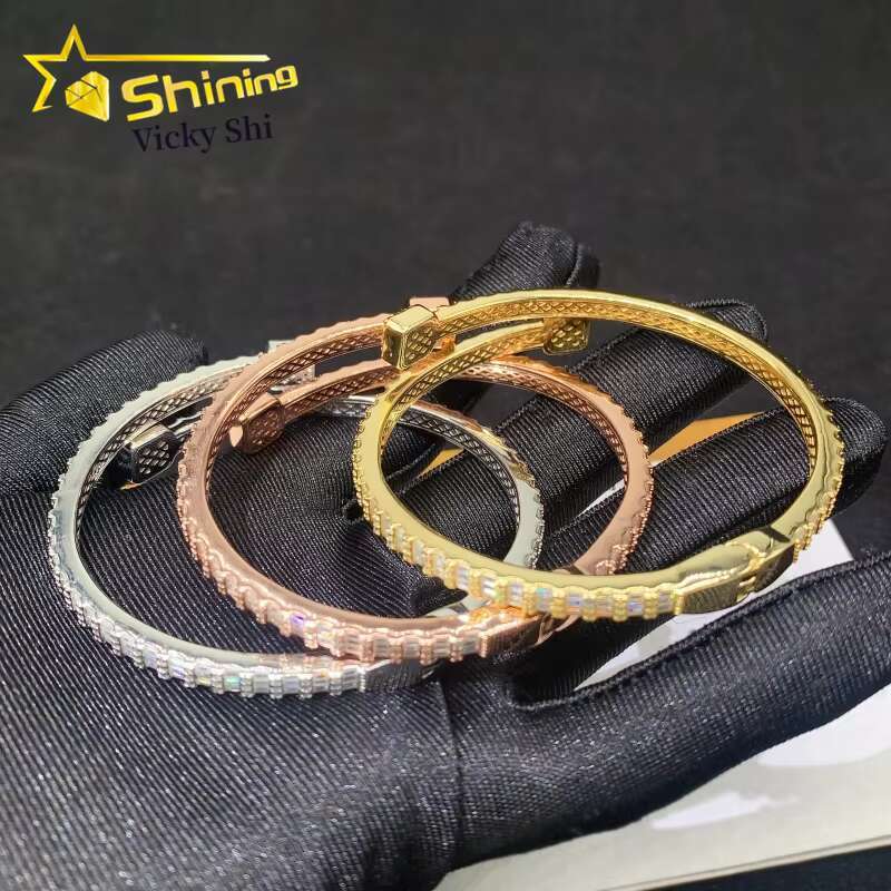 Worldwide Shipping Fine Jewelry S925 Silver Gold Plated VVS Baguette Moissanite Diamond Bangle Bracelet GRA Certificated