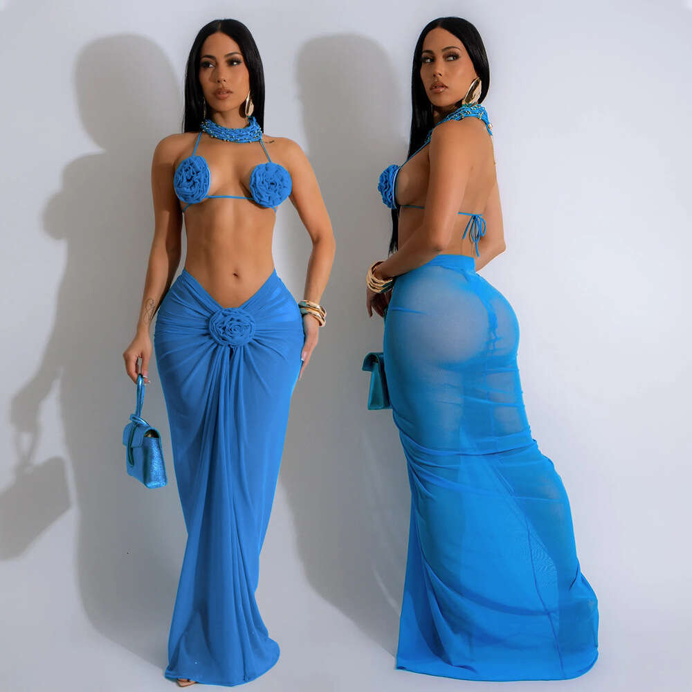 New European American fashion pure three-dimensional color sexy backless tied neck bikini three piece set 2025 new style chic and elegant clothing