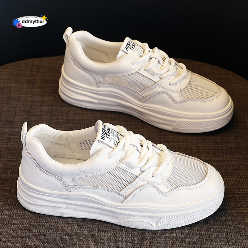 Real leather white shoes for women 2025 new summer mesh breathable board shoes, paired thin skirts, versatile with one foot pedaling ddmythur