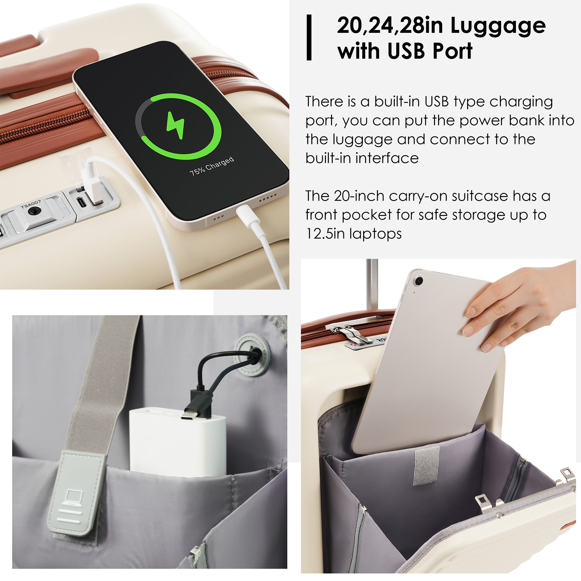 twopiece set travel luggage featuring front opening design usba charging ports and drink holders 20 inches suitable for individuals and school trips t