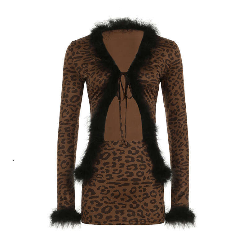Fashionable And Sexy New Product, Fur Patchwork Lace Up Cardigan, Long Sleeved Top, Leopard Print Skirt Set, Two-Piece Set B5