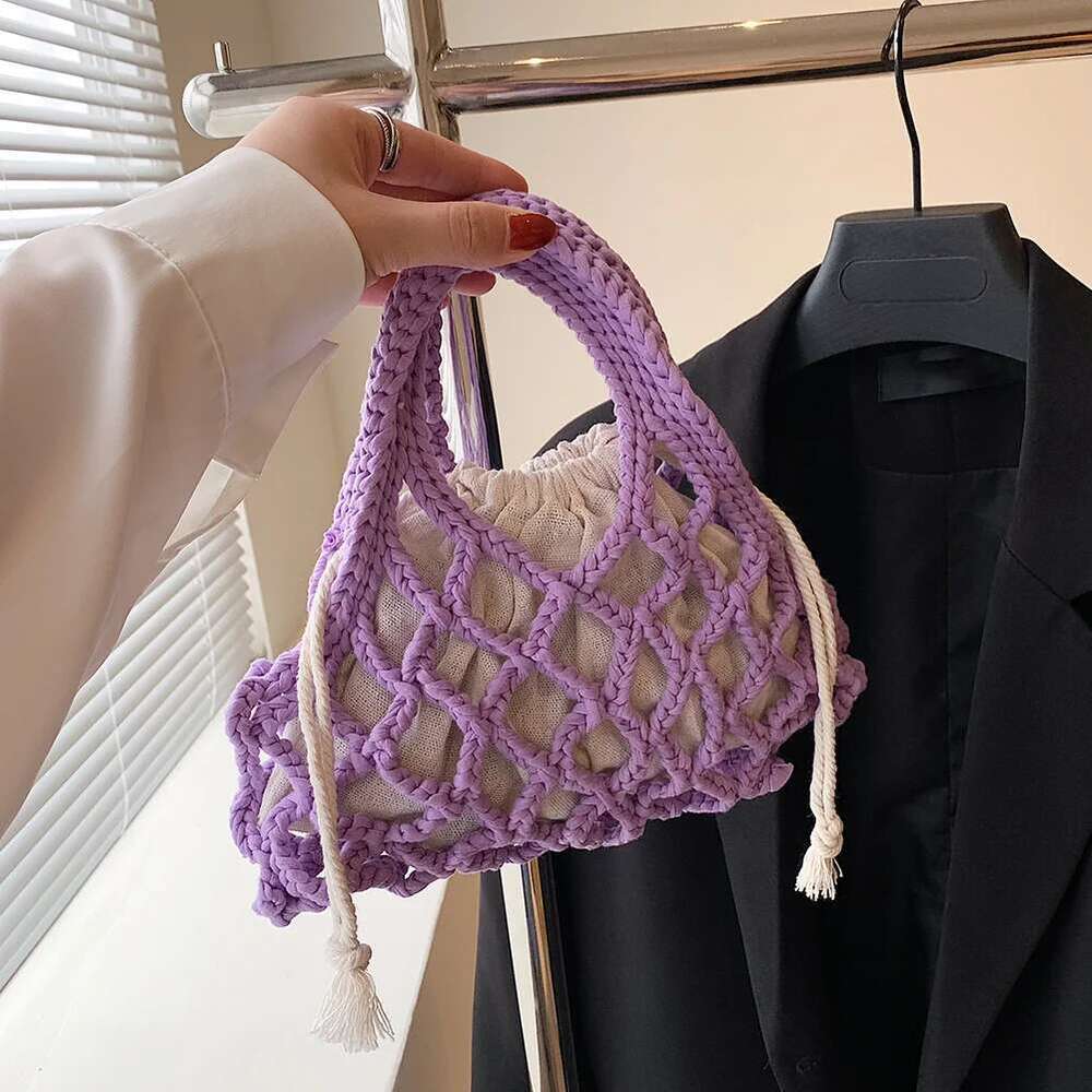 Cotton Thread Purse Handbag Fashion Knitting Braided Crochet Net Bag Personality Woven Colorful for Women Girls Casual Summer