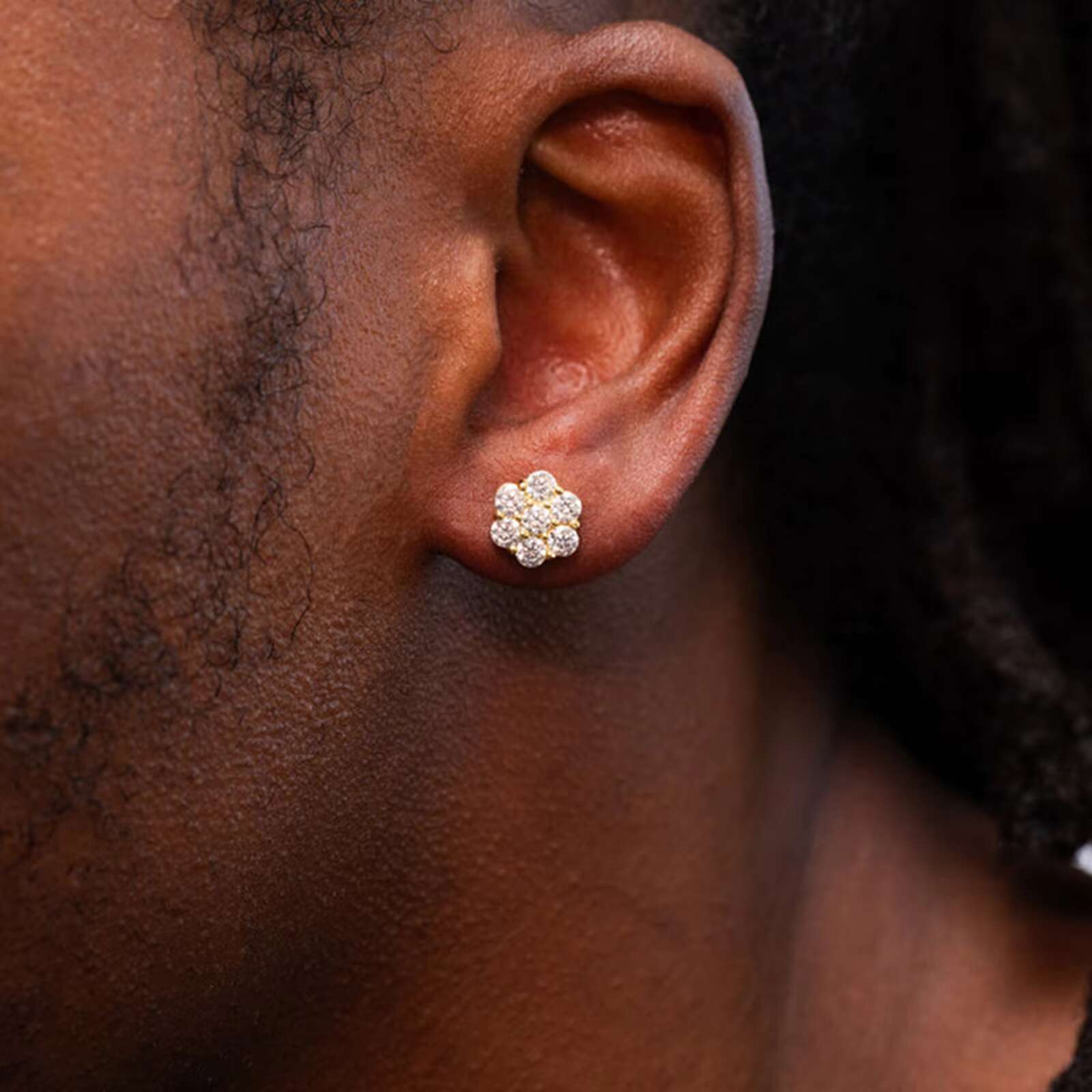 Brilliant Iced Moissanite 14K Yellow Gold Plated 925 Sterling Silver Round Mens Women Elegant Flower Cluster Hip Hop Earrings