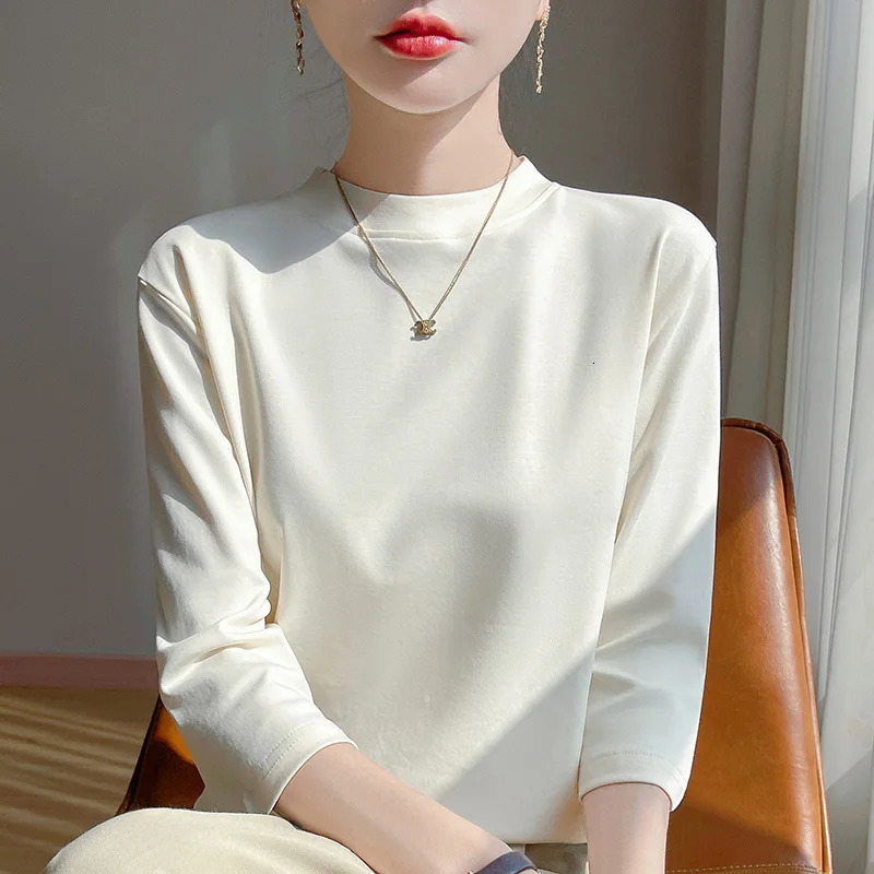 Summer And Autumn 100% Cotton Tshirt Womens SemiHighNecked Cropped Sleeves Loose Solid Color Bottoming Top 250513