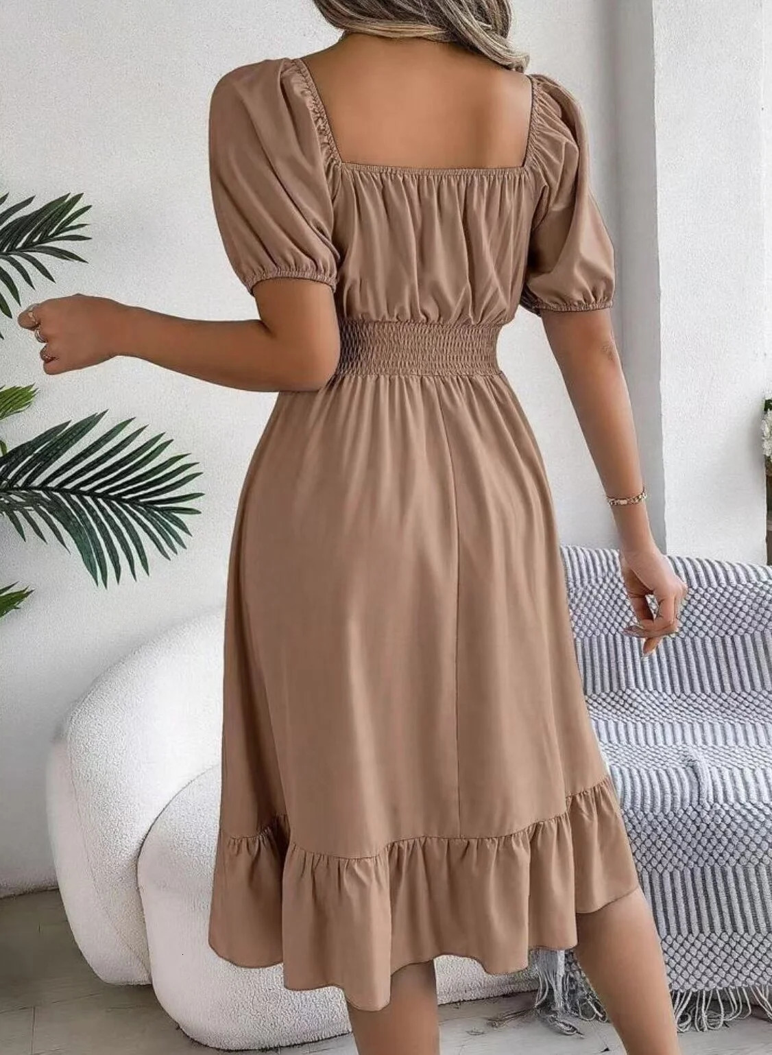 European and American spring summer casual square neck short sleeve gathering waist lotus leaf edge temperament dress 250513