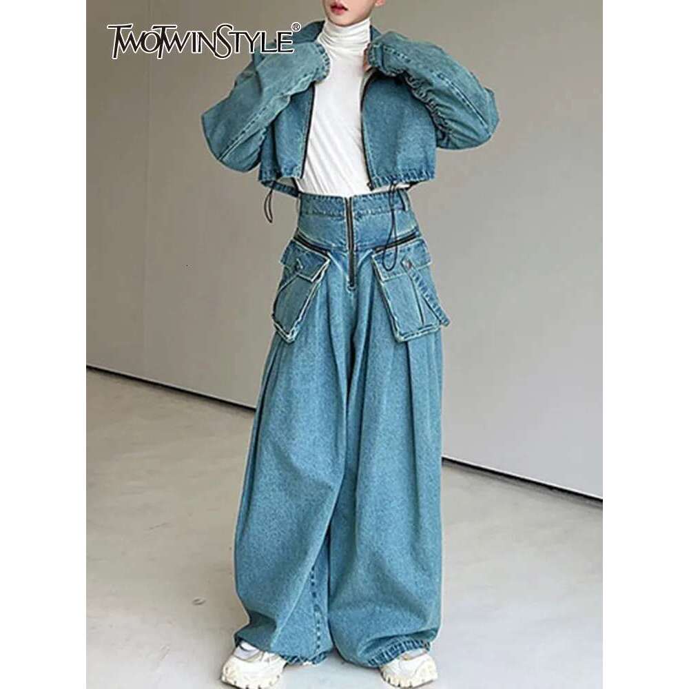 TWOTWINSTYLE Solid Denim Two Piece Sets Lapel Long Sleeve Top High Waist Wide Leg Pant Spliced Pocket Set Female Fashion Clothes