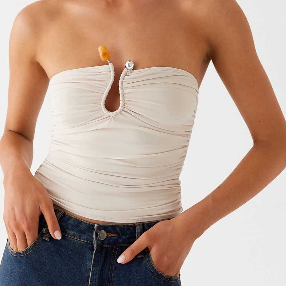 Womens y2k Vintage Ruched Tube Tops Summer Sexy Strapless Solid Metal Clip Front Bandeau Cropped Tops Slim Fit Tanks Shirt M250513